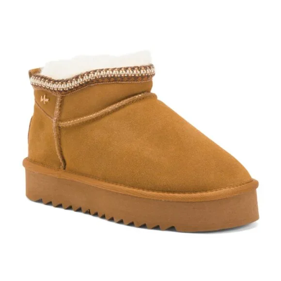 NEW MEXX Suede Shearling Booties Sheepskin Sneaker Bottom cognac for women  563tn
